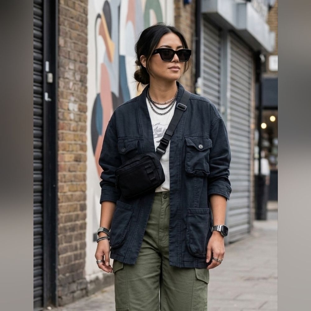 Free People Black Utility Jacket with Pocket Details